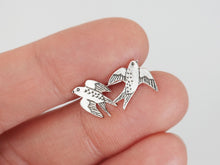 Load image into Gallery viewer, SWALLOW Studs Earrings / Love and Hope / mismatched earrings, long-distance love, travel, freedom - Sterling Silver 925