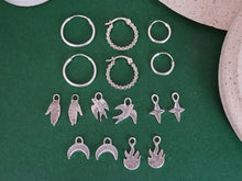 Load image into Gallery viewer, SIBLI interchangeable charms hoop earrings / moon, star, hand, fire, swallow, mismatched earrings - Sterling Silver 925