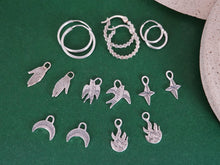Load image into Gallery viewer, SIBLI interchangeable charms hoop earrings / moon, star, hand, fire, swallow, mismatched earrings - Sterling Silver 925