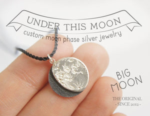 UNDER THIS MOON / personalised BIG moon phase necklace in sterling silver & natural silk