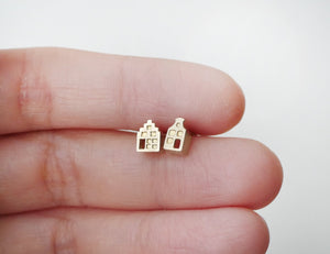 TINY AMSTERDAM 14k GOLD EARRINGS - miniature dutch house studs in solid 14k gold (585)