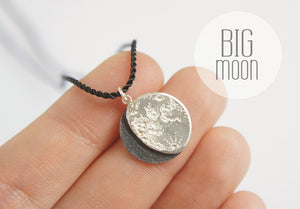 UNDER THIS MOON / personalised BIG moon phase necklace in sterling silver & natural silk