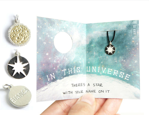 IN THIS UNIVERSE / custom engraved sun, supernova, dwarf star charms in sterling silver and brass